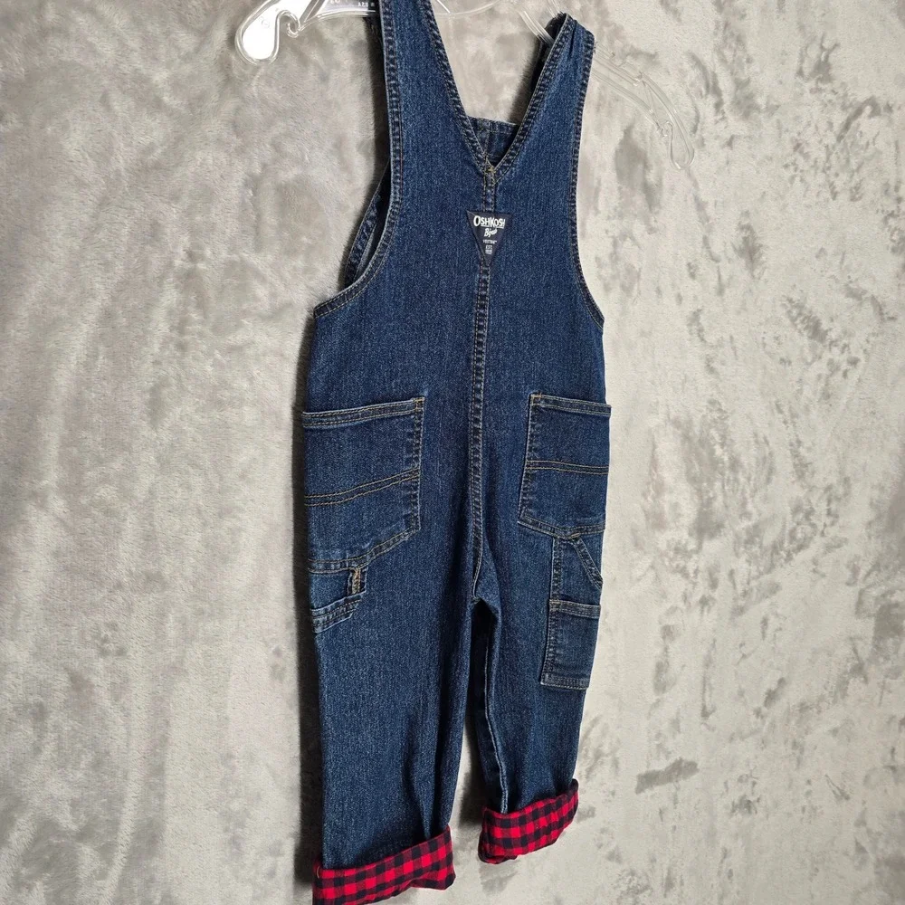 OshKosh B'gosh Overalls Toddler 3T Blue Denim Red Buffalo Plaid Lined Farm